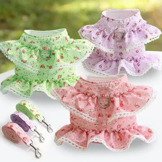 Dog Harness Leash Set,  Adjustable Lace, Floral Printed Pet Harness, Vest, Cute Dog Clothes, Puppy Mesh Harness, Dog Accessories