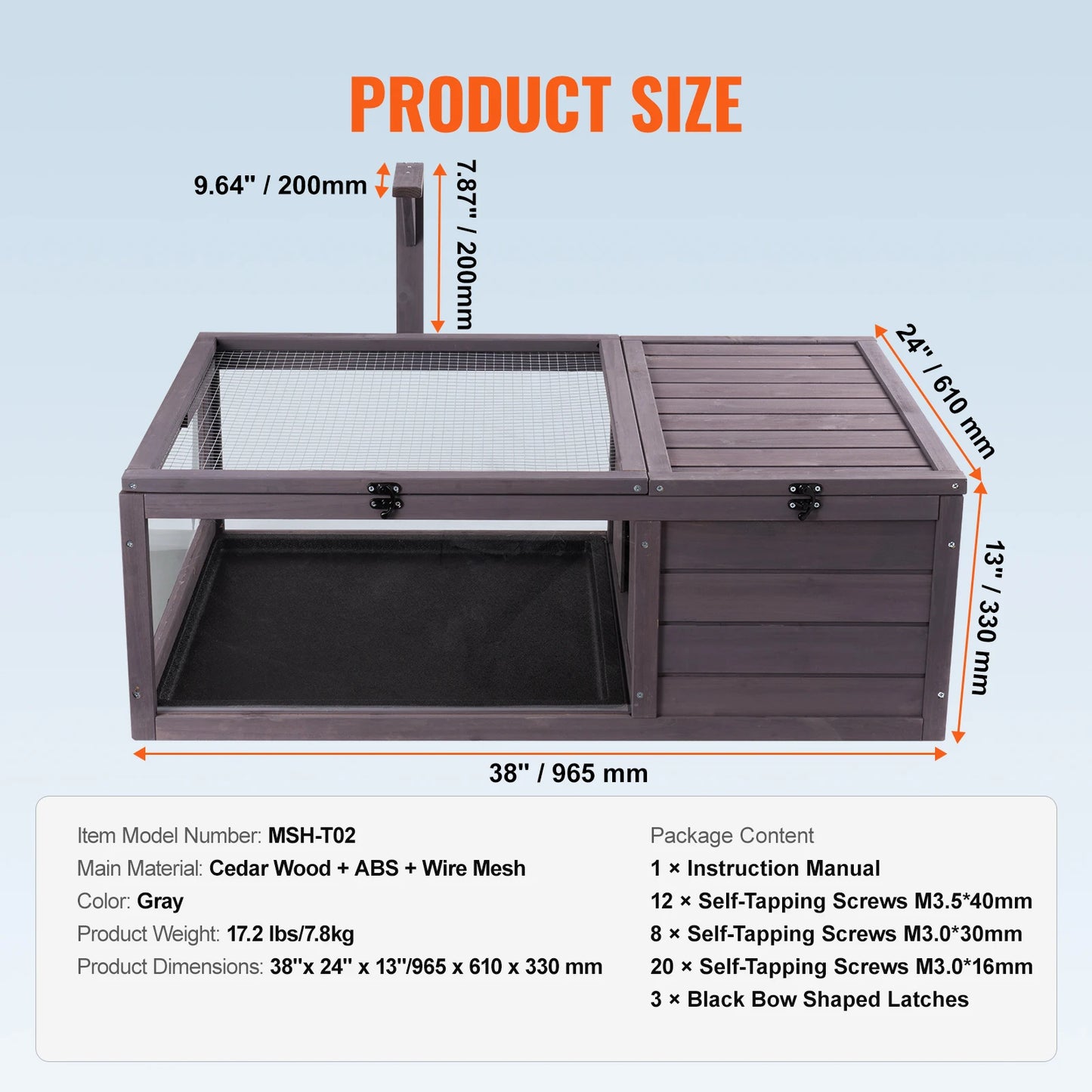 Tortoise Habitat, Wooden House with Adjustable Lamp Holder, Reptile Enclosure, Small Animal Cage for Gecko Lizard