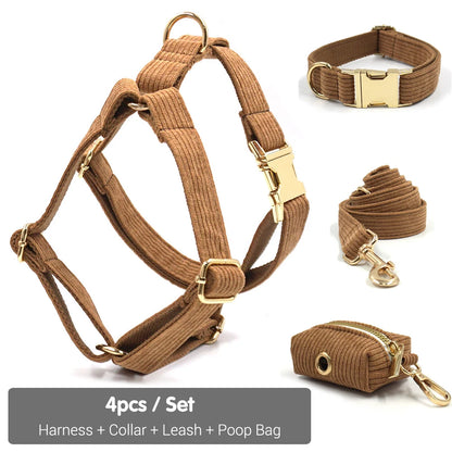 Brown Corduroy Dog Harness and Leash Set Luxury Designer Personalized Collar for Small Large Dogs Walking Lead Set with Poop Bag