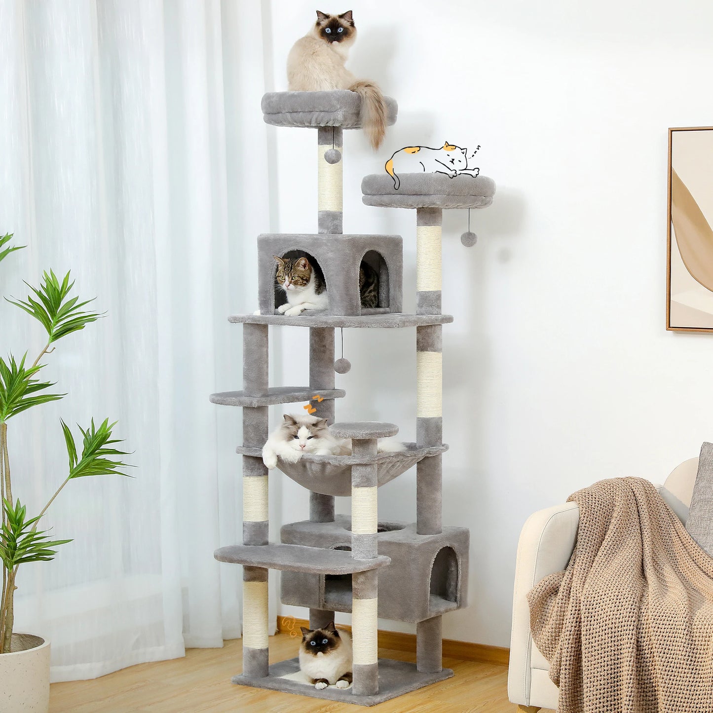 Large Cat Tree and Tower for Indoor Cats With Sisal-Covered Scratching Posts, Spacious Hammock, Padded Perches and Condos Cat Toys