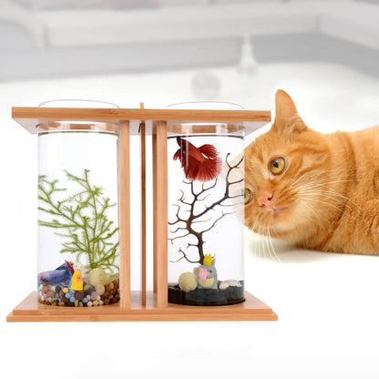 Glass Betta Fish Tank with LED Light, Bamboo Base, Mini Aquarium Set for Desktop Home Office Decoration, 2 Tanks