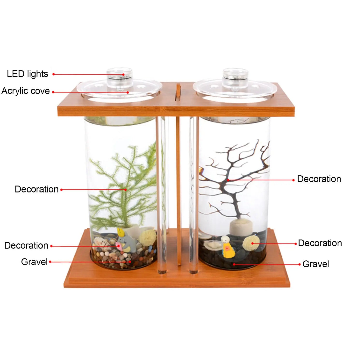 Glass Betta Fish Tank with LED Light, Bamboo Base, Mini Aquarium Set for Desktop Home Office Decoration, 2 Tanks