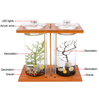 Glass Betta Fish Tank with LED Light, Bamboo Base, Mini Aquarium Set for Desktop Home Office Decoration, 2 Tanks