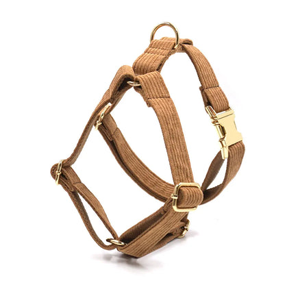 Brown Corduroy Dog Harness and Leash Set Luxury Designer Personalized Collar for Small Large Dogs Walking Lead Set with Poop Bag