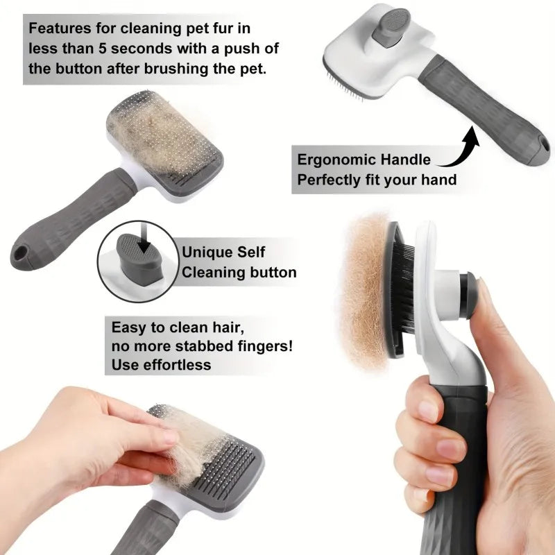 Pet Grooming Brush with One-Click Hair Removal, Bent Needle, Massaging Comb for Dogs & Cats