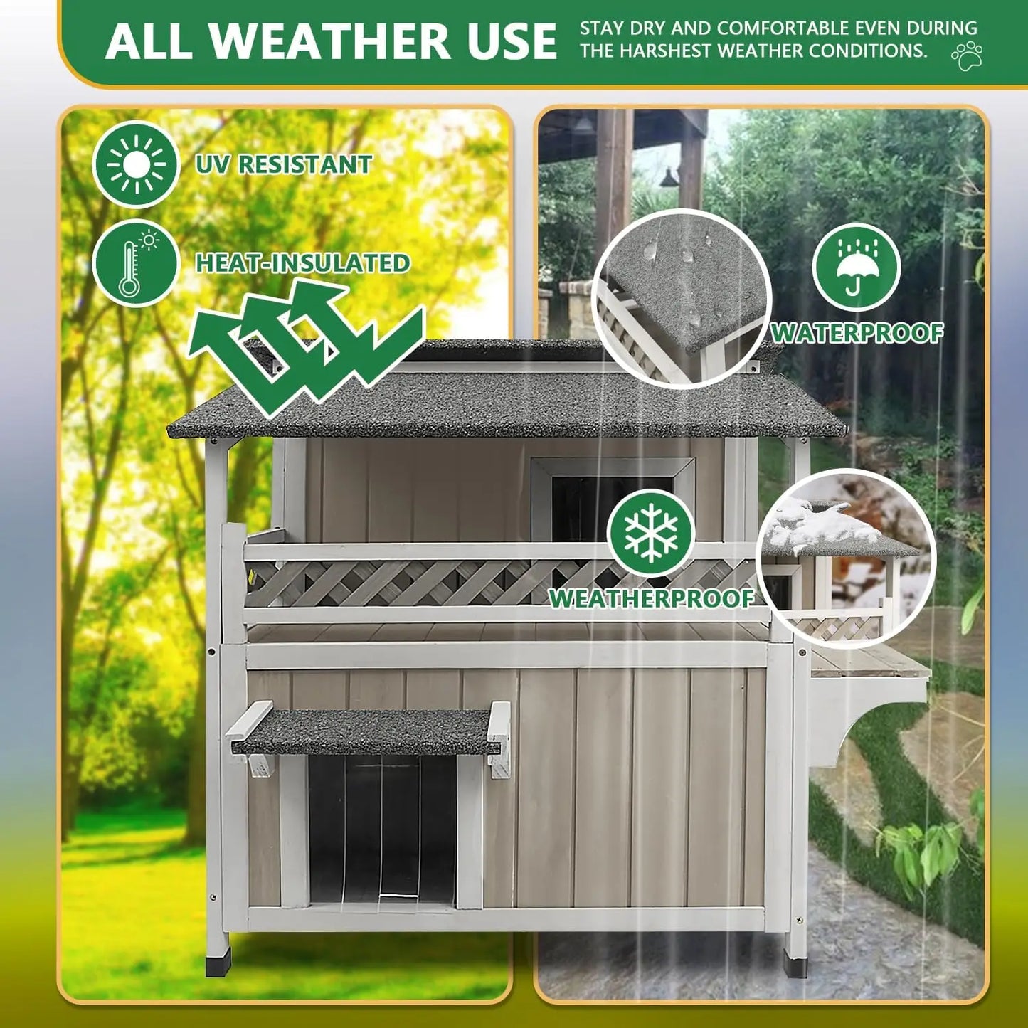 Two Story Outdoor Weatherproof Wooden Cat House