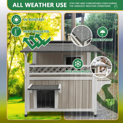 Two Story Outdoor Weatherproof Wooden Cat House