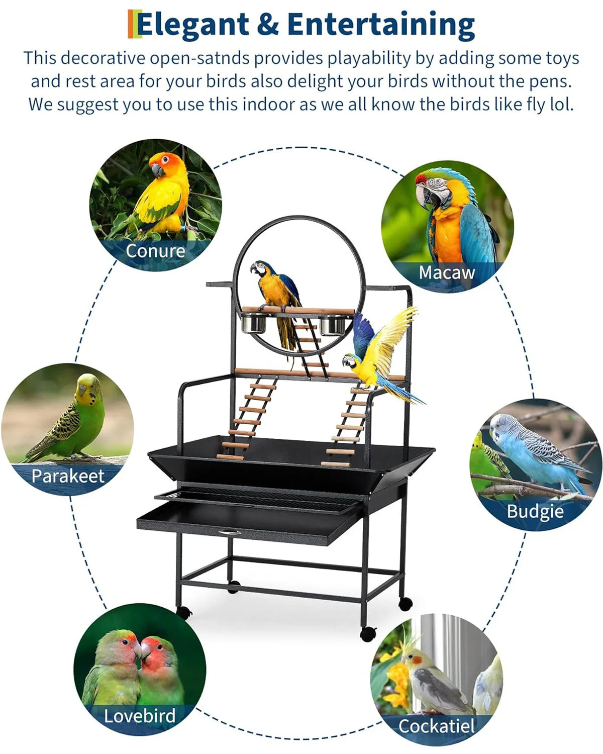 66" Extra Tall Bird Play Stand With Lockable Wheels, Heavy-Duty Metal Activity Center For Parrots , Conures  and Cockatiels