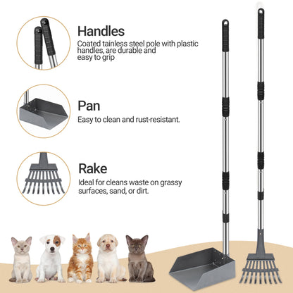 Dog Pooper Scooper, Dog Poop Tray and Rake Set,  with Long Adjustable Sectional Stainless Handles