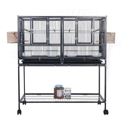 Breeding Flight Bird Cage with Detachable Rolling Stand, Perches, Food Boxes, Slide-Out Tray, and Storage Shelf