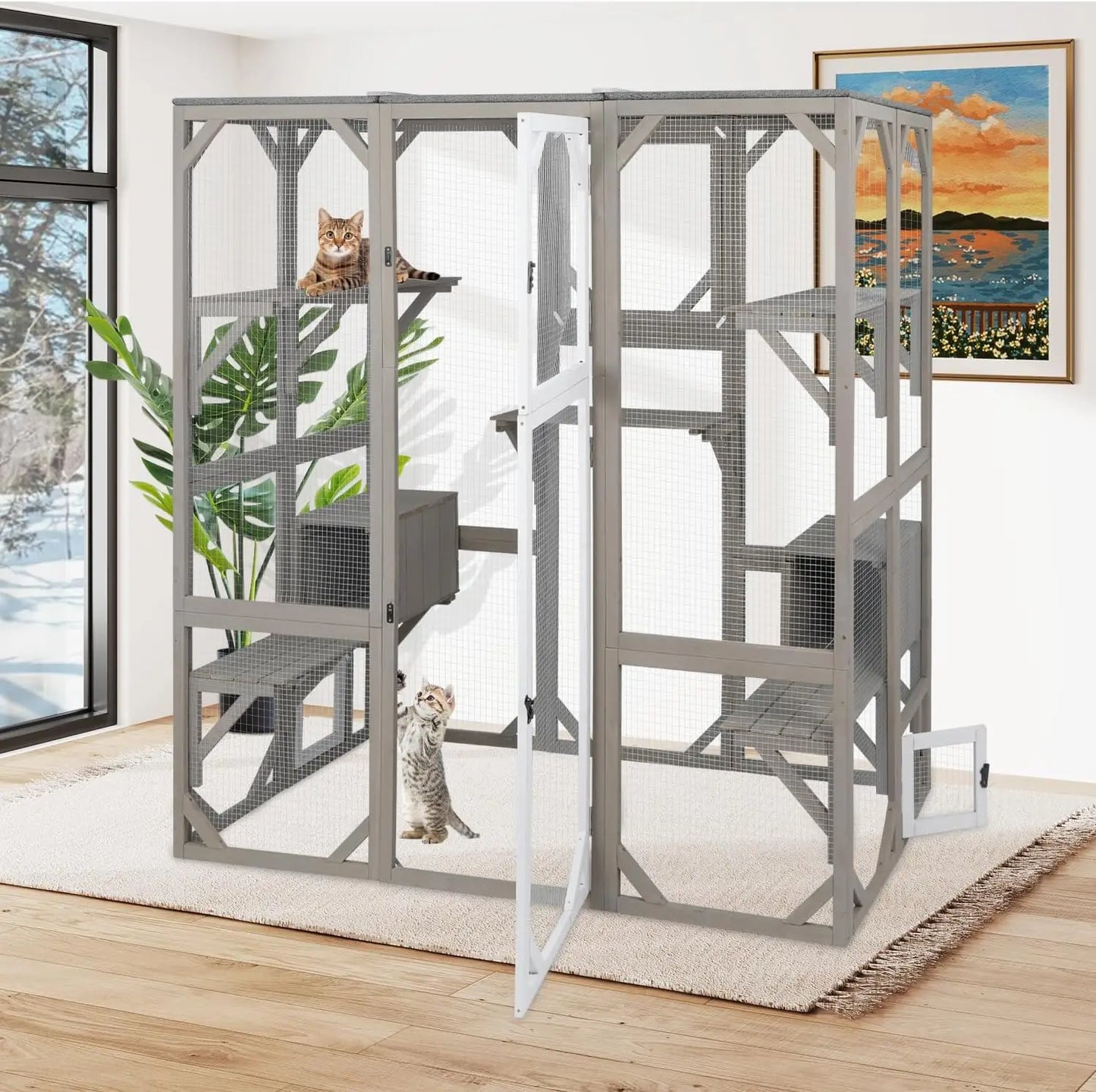 Outdoor Cat Enclosure, Large Wooden Cat House with 5 Platforms for Multiple Cats