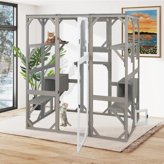 Outdoor Cat Enclosure, Large Wooden Cat House with 5 Platforms for Multiple Cats