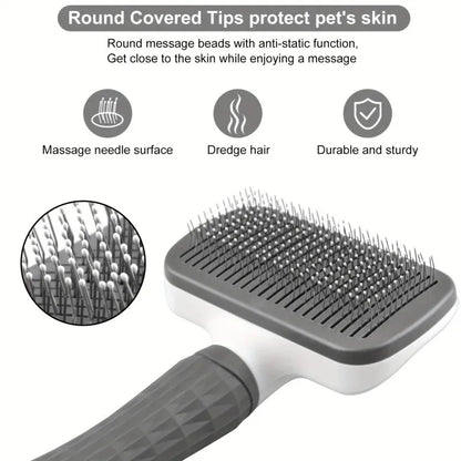 Pet Grooming Brush with One-Click Hair Removal, Bent Needle, Massaging Comb for Dogs & Cats