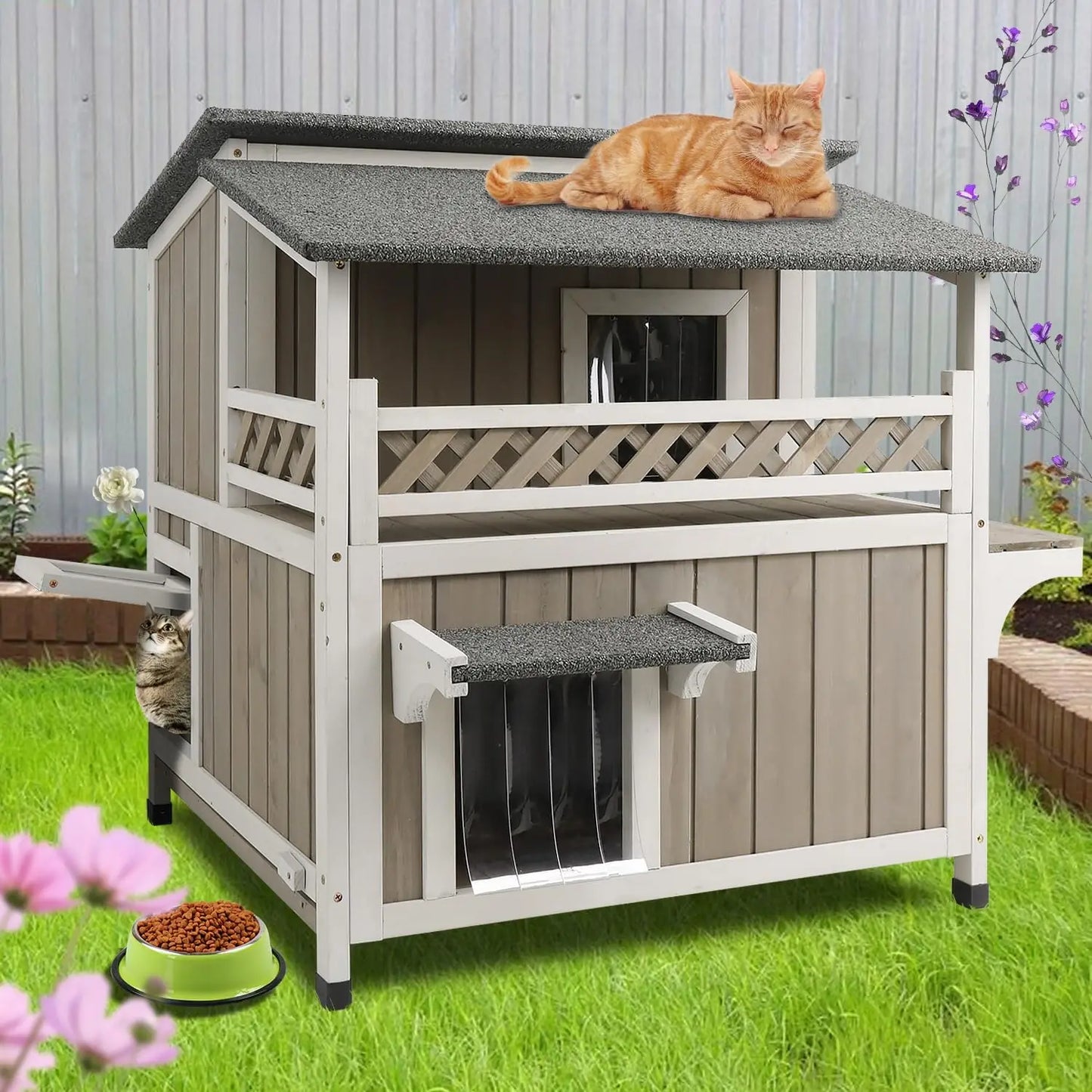 Two Story Outdoor Weatherproof Wooden Cat House