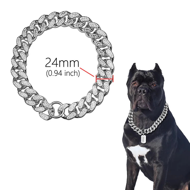 Plastic Dog Collar Chain, Diamond Inlay Sparkle Bulldog Necklace, Cat Collars, Pet Accessories, Small, Medium, Large Dogs, Golden