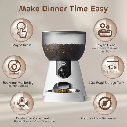Smart Automatic Pet Feeder with 160° Camera, 5G WiFi, 2K HD, Motion Detection, Voice Interaction & Night Vision