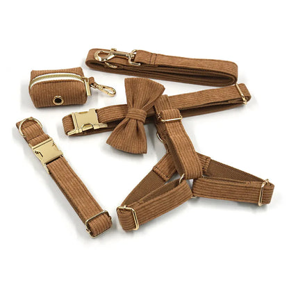 Brown Corduroy Dog Harness and Leash Set Luxury Designer Personalized Collar for Small Large Dogs Walking Lead Set with Poop Bag