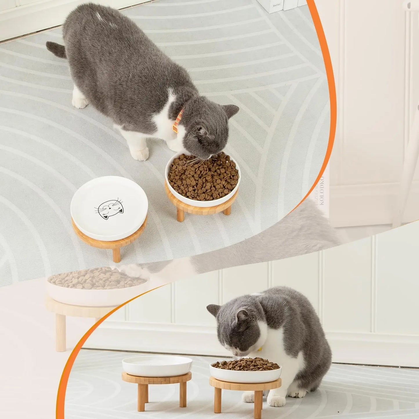 Elevated Ceramic Cat Bowls with Bamboo Stand, Whisker Friendly Pet Feeding, Dishes for Indoor Cats
