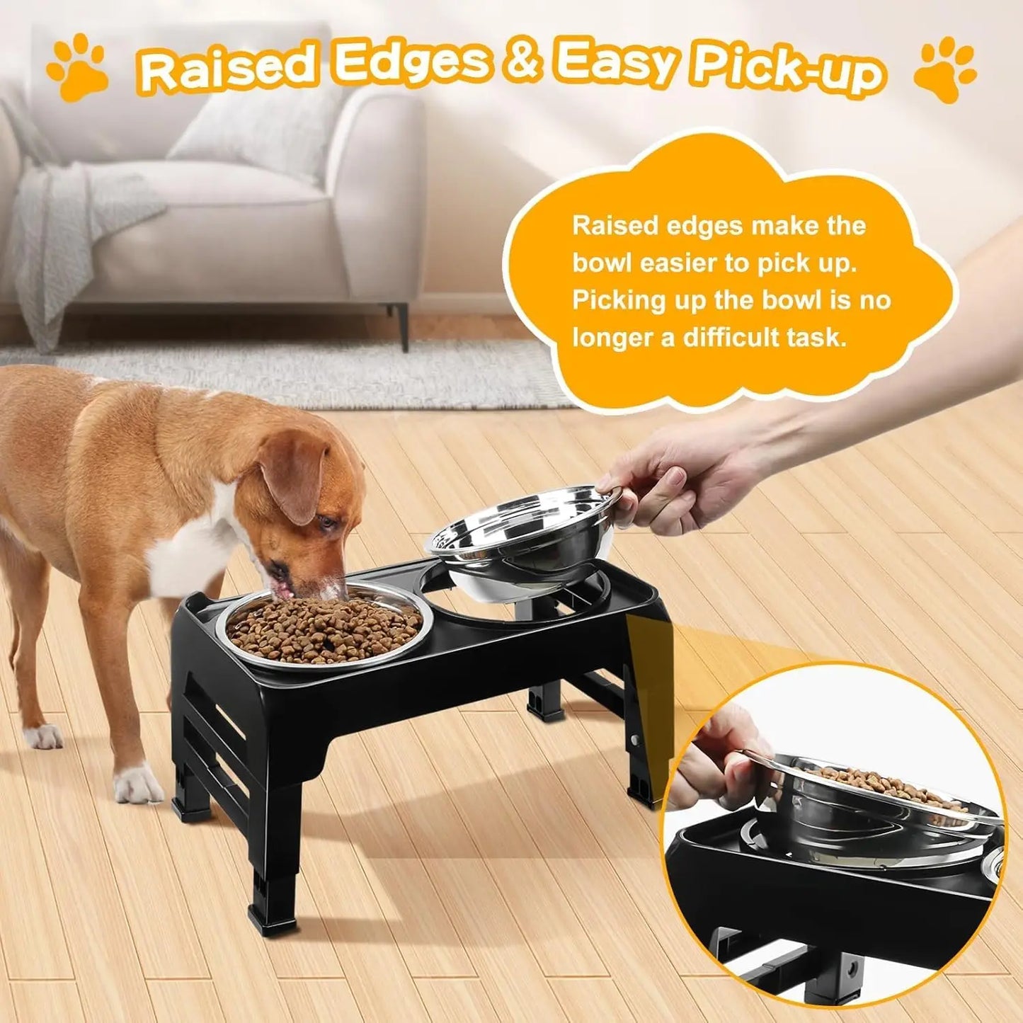 Adjustable Height Elevated Dog Bowls for Small Medium Dogs, 3-Level Stand with 2 Stainless Steel Bowls, Non-Slip Feeder in Black