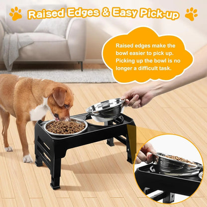 Adjustable Height Elevated Dog Bowls for Small Medium Dogs, 3-Level Stand with 2 Stainless Steel Bowls, Non-Slip Feeder in Black