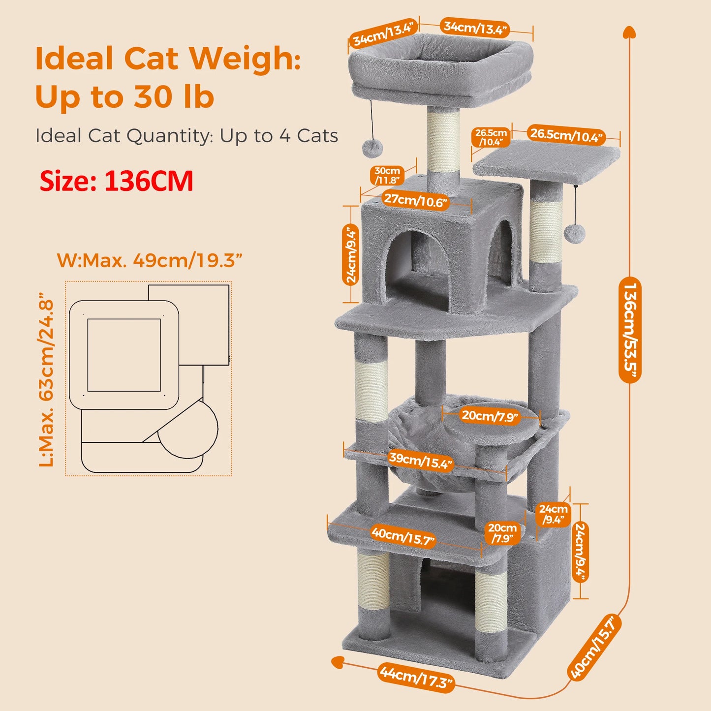 Large Cat Tree and Tower for Indoor Cats With Sisal-Covered Scratching Posts, Spacious Hammock, Padded Perches and Condos Cat Toys
