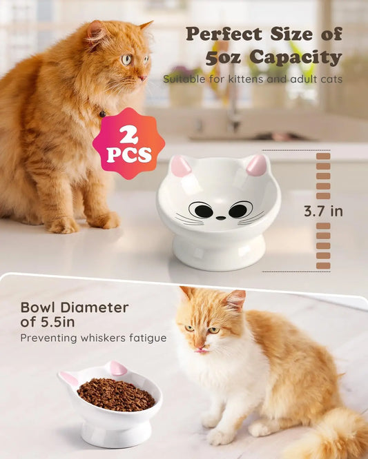 2-Piece Ceramic Raised Cat Food Bowl with 15° Tilt for Spine Health, Anti-Vomiting, Pink