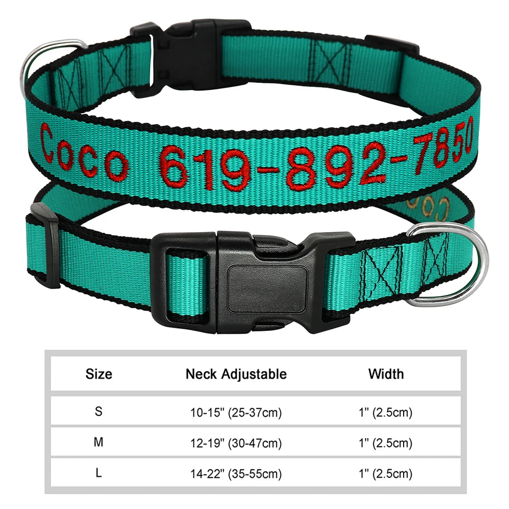 Adjustable Nylon Embroidered Dog Collar, Custom ID Name Accessories Pet Collars For Small, Medium, Large Dogs \