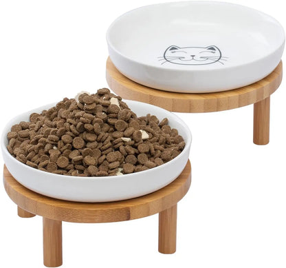 Elevated Ceramic Cat Bowls with Bamboo Stand, Whisker Friendly Pet Feeding, Dishes for Indoor Cats
