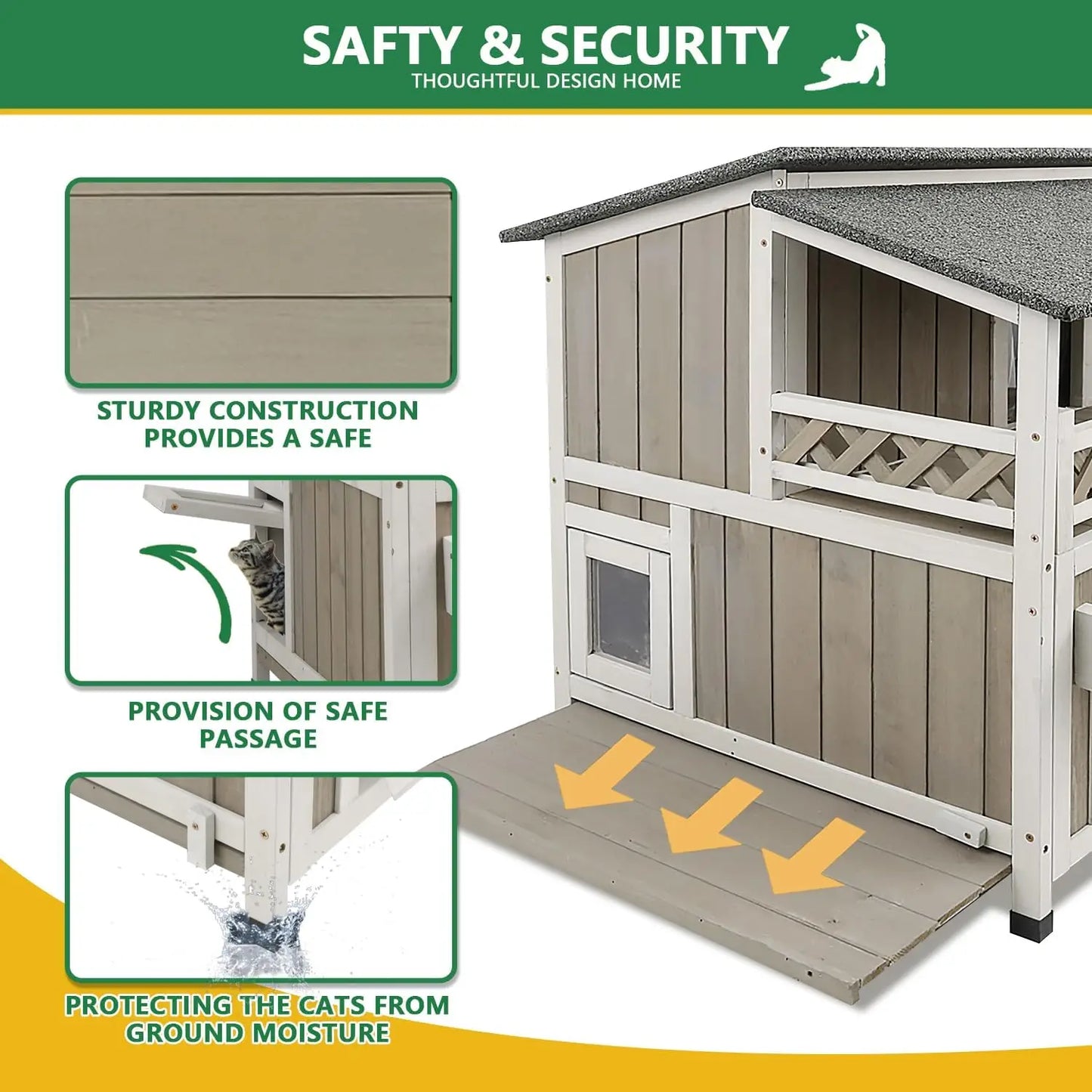 Two Story Outdoor Weatherproof Wooden Cat House