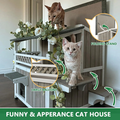 Two Story Outdoor Weatherproof Wooden Cat House