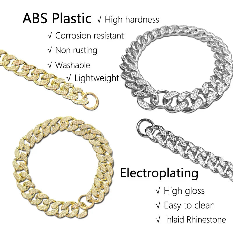 Plastic Dog Collar Chain, Diamond Inlay Sparkle Bulldog Necklace, Cat Collars, Pet Accessories, Small, Medium, Large Dogs, Golden