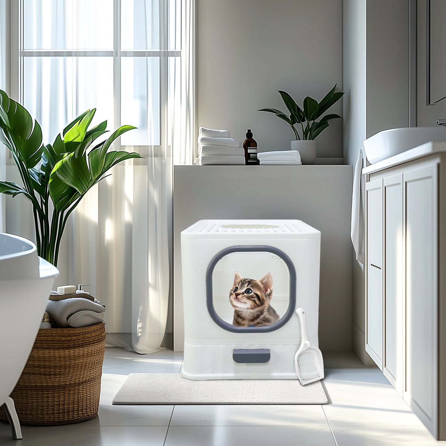 Cat Litter Box with Lid, Enclosed Cat Potty, Top Entry Anti-Splashing,  Easy to Clean with Cat Litter Scoop
