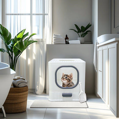 Cat Litter Box with Lid, Enclosed Cat Potty, Top Entry Anti-Splashing,  Easy to Clean with Cat Litter Scoop