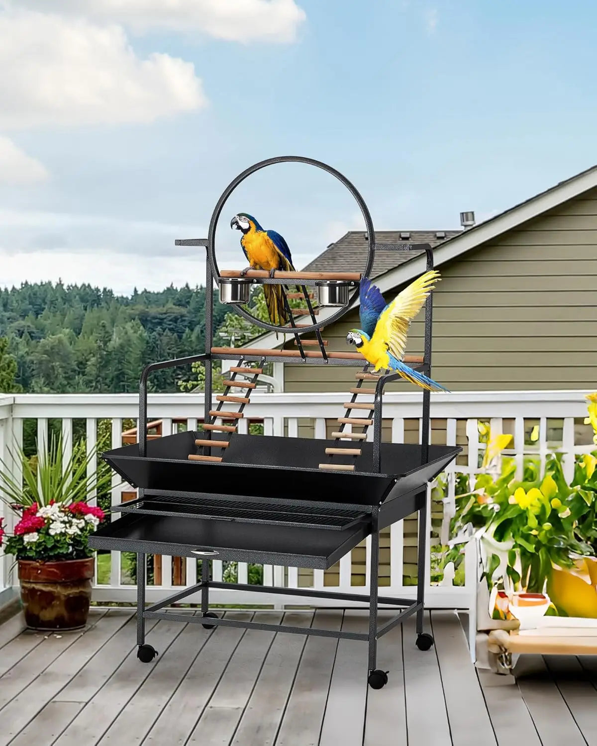66" Extra Tall Bird Play Stand With Lockable Wheels, Heavy-Duty Metal Activity Center For Parrots , Conures  and Cockatiels