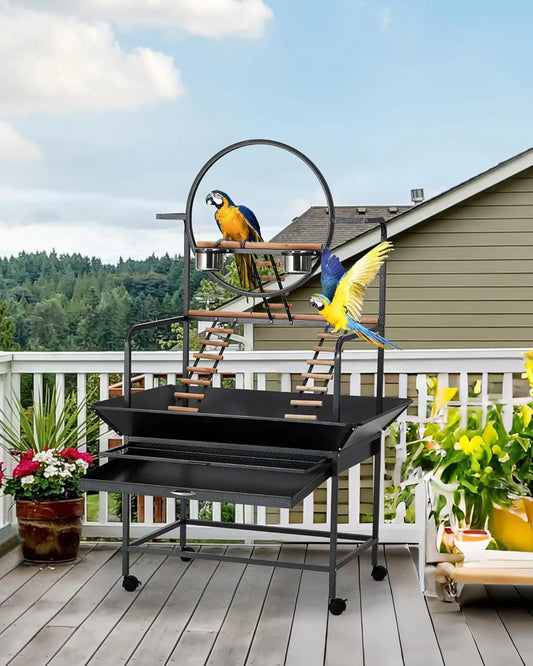 66" Extra Tall Bird Play Stand With Lockable Wheels, Heavy-Duty Metal Activity Center For Parrots , Conures  and Cockatiels