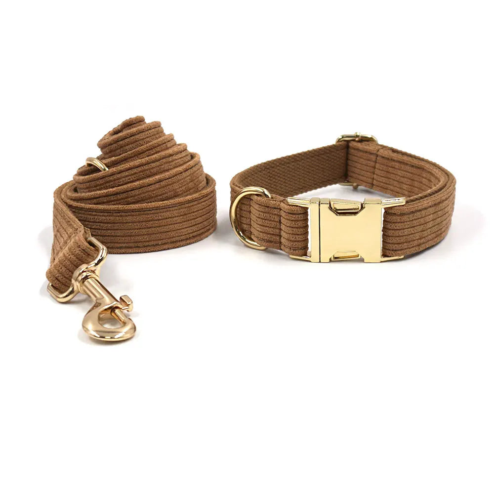 Brown Corduroy Dog Harness and Leash Set Luxury Designer Personalized Collar for Small Large Dogs Walking Lead Set with Poop Bag