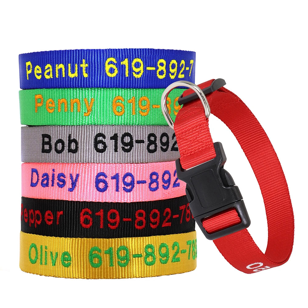 Adjustable Nylon Embroidered Dog Collar, Custom ID Name Accessories Pet Collars For Small, Medium, Large Dogs \