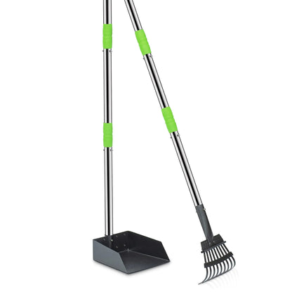 Dog Pooper Scooper, Dog Poop Tray and Rake Set,  with Long Adjustable Sectional Stainless Handles