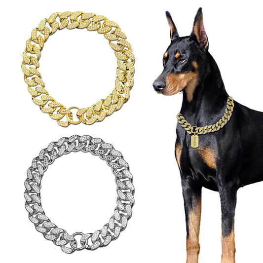 Plastic Dog Collar Chain, Diamond Inlay Sparkle Bulldog Necklace, Cat Collars, Pet Accessories, Small, Medium, Large Dogs, Golden