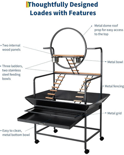 66" Extra Tall Bird Play Stand With Lockable Wheels, Heavy-Duty Metal Activity Center For Parrots , Conures  and Cockatiels