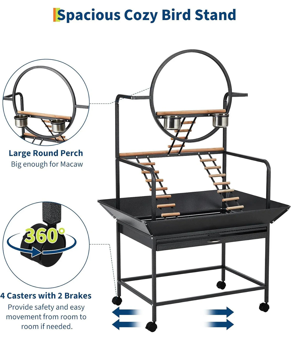 66" Extra Tall Bird Play Stand With Lockable Wheels, Heavy-Duty Metal Activity Center For Parrots , Conures  and Cockatiels