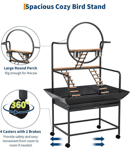 66" Extra Tall Bird Play Stand With Lockable Wheels, Heavy-Duty Metal Activity Center For Parrots , Conures  and Cockatiels
