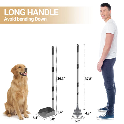 Dog Pooper Scooper, Dog Poop Tray and Rake Set,  with Long Adjustable Sectional Stainless Handles
