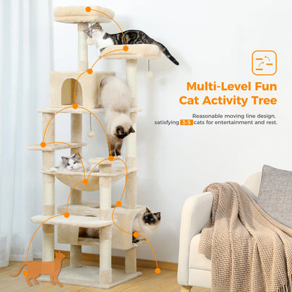 Large Cat Tree and Tower for Indoor Cats With Sisal-Covered Scratching Posts, Spacious Hammock, Padded Perches and Condos Cat Toys