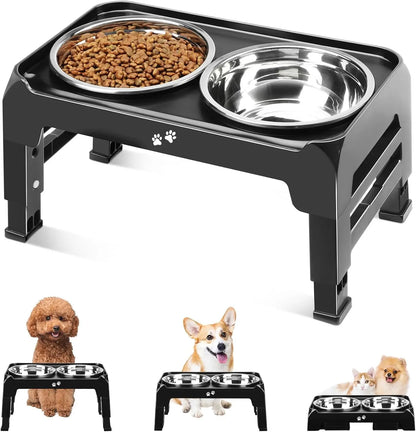 Adjustable Height Elevated Dog Bowls for Small Medium Dogs, 3-Level Stand with 2 Stainless Steel Bowls, Non-Slip Feeder in Black