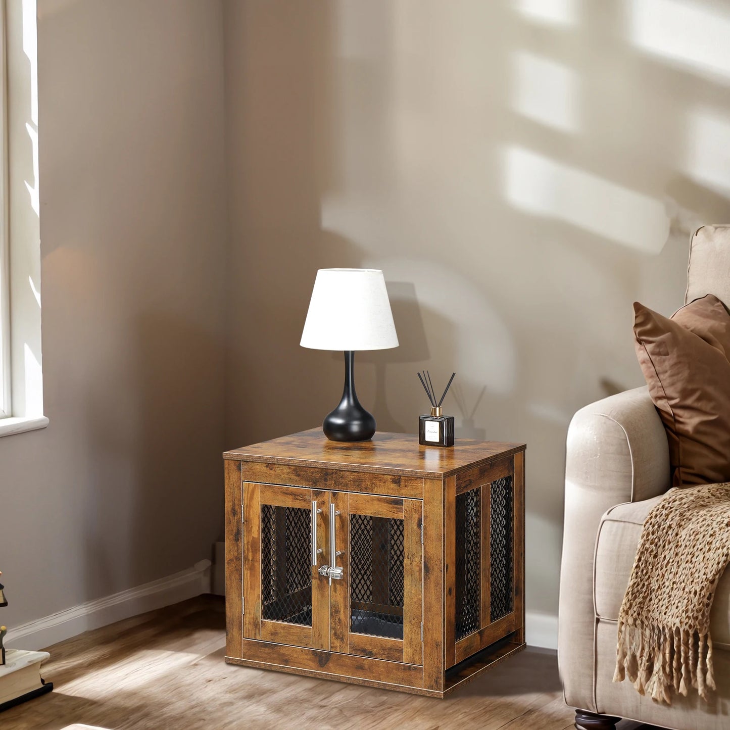Rustic Brown Dog Crate w/Tray, Modern Puppy Kennel. Doubles as End Table, Nightstand. Decorative & Practical.