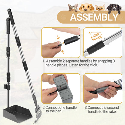 Dog Pooper Scooper, Dog Poop Tray and Rake Set,  with Long Adjustable Sectional Stainless Handles