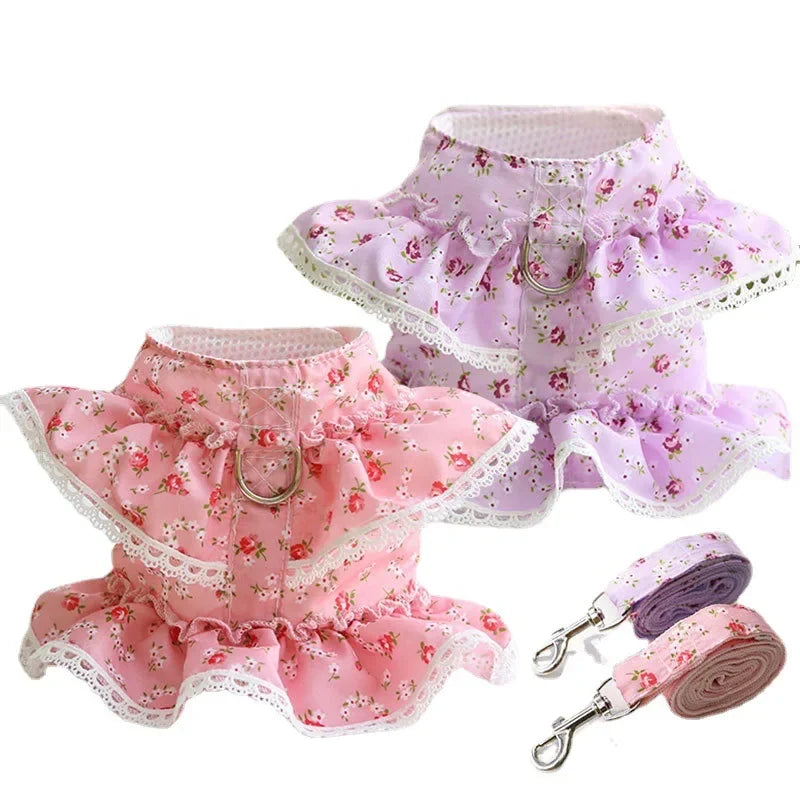 Dog Harness Leash Set,  Adjustable Lace, Floral Printed Pet Harness, Vest, Cute Dog Clothes, Puppy Mesh Harness, Dog Accessories
