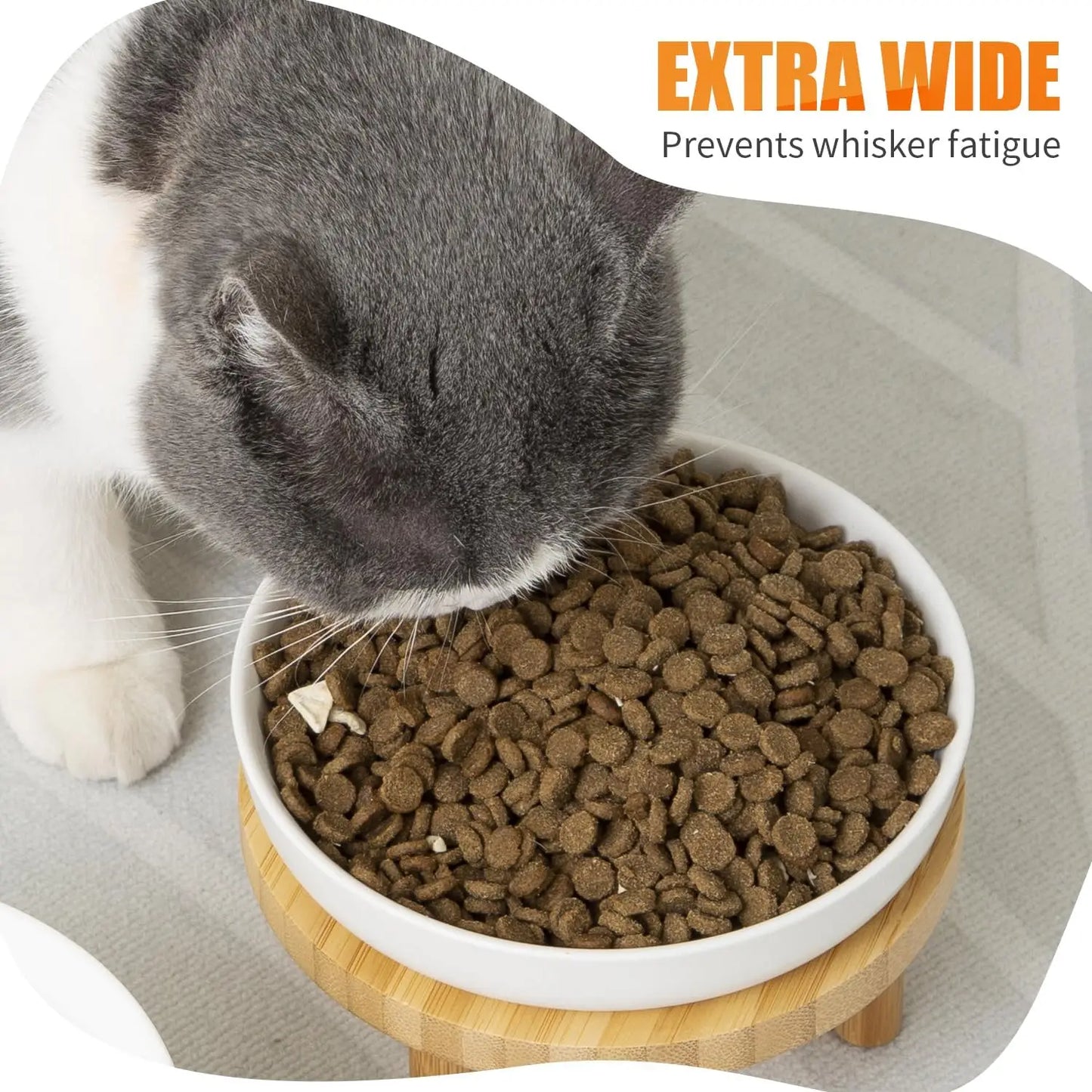 Elevated Ceramic Cat Bowls with Bamboo Stand, Whisker Friendly Pet Feeding, Dishes for Indoor Cats