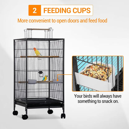 Large Bird Cage, Play Open Top Budgie Cage with Rolling Stand, Slide-Out Tray, Water Bottle Feeder